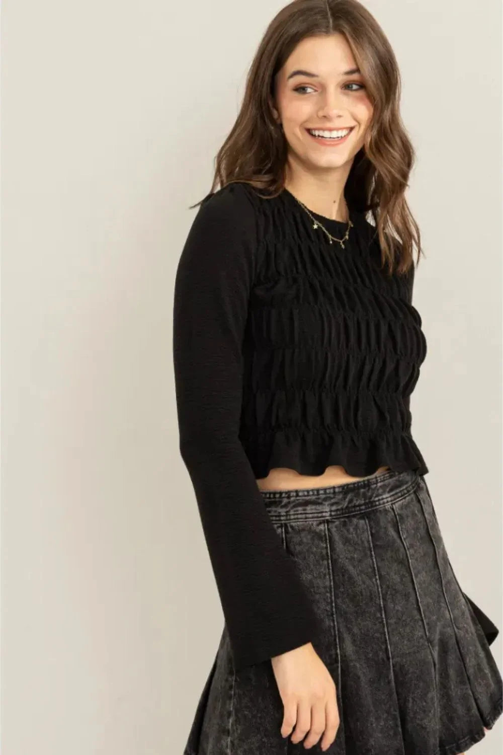 Sheer Long Sleeve Textured Ruched Front Trendy Cropped Top