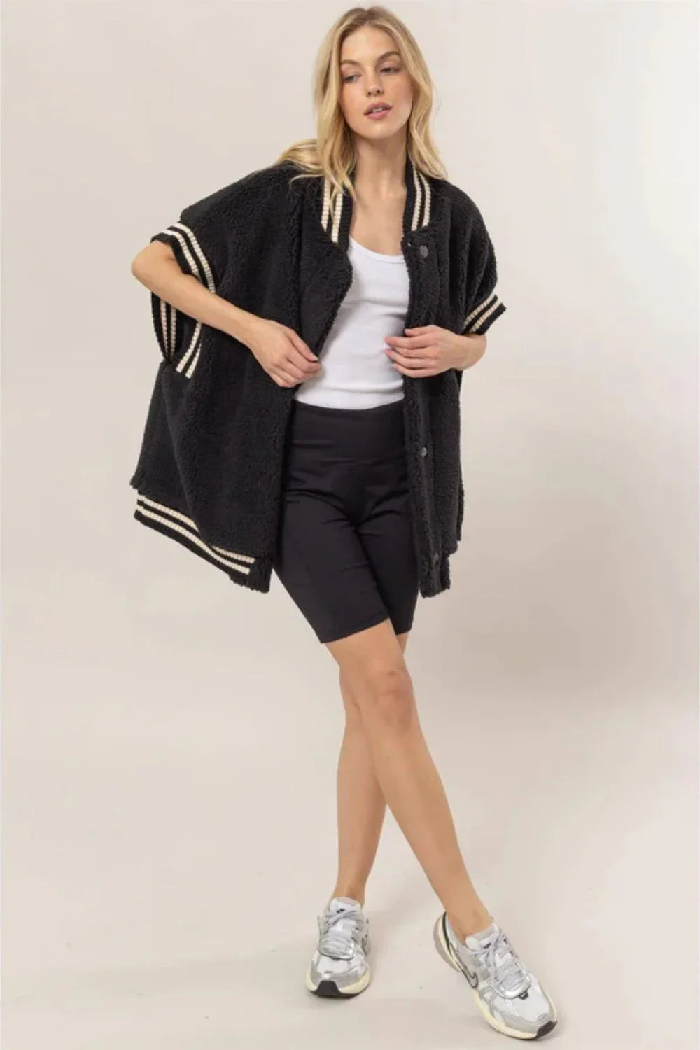 Black Sherpa Oversized Baseball Striped Trim Cozy Vest