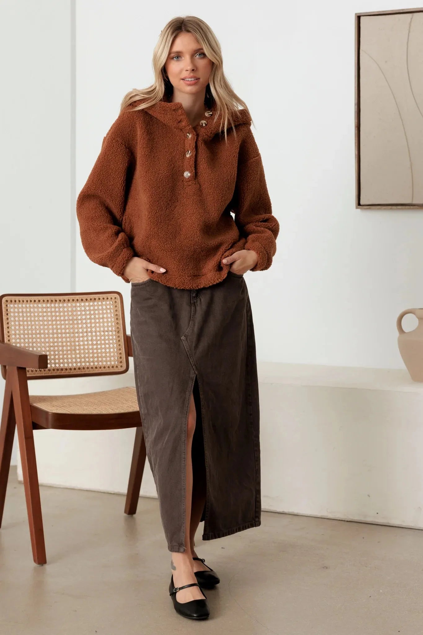 Sherpa Button-Up Two Pocket Hooded Pullover Jacket - Tasha Apparel Wholesale