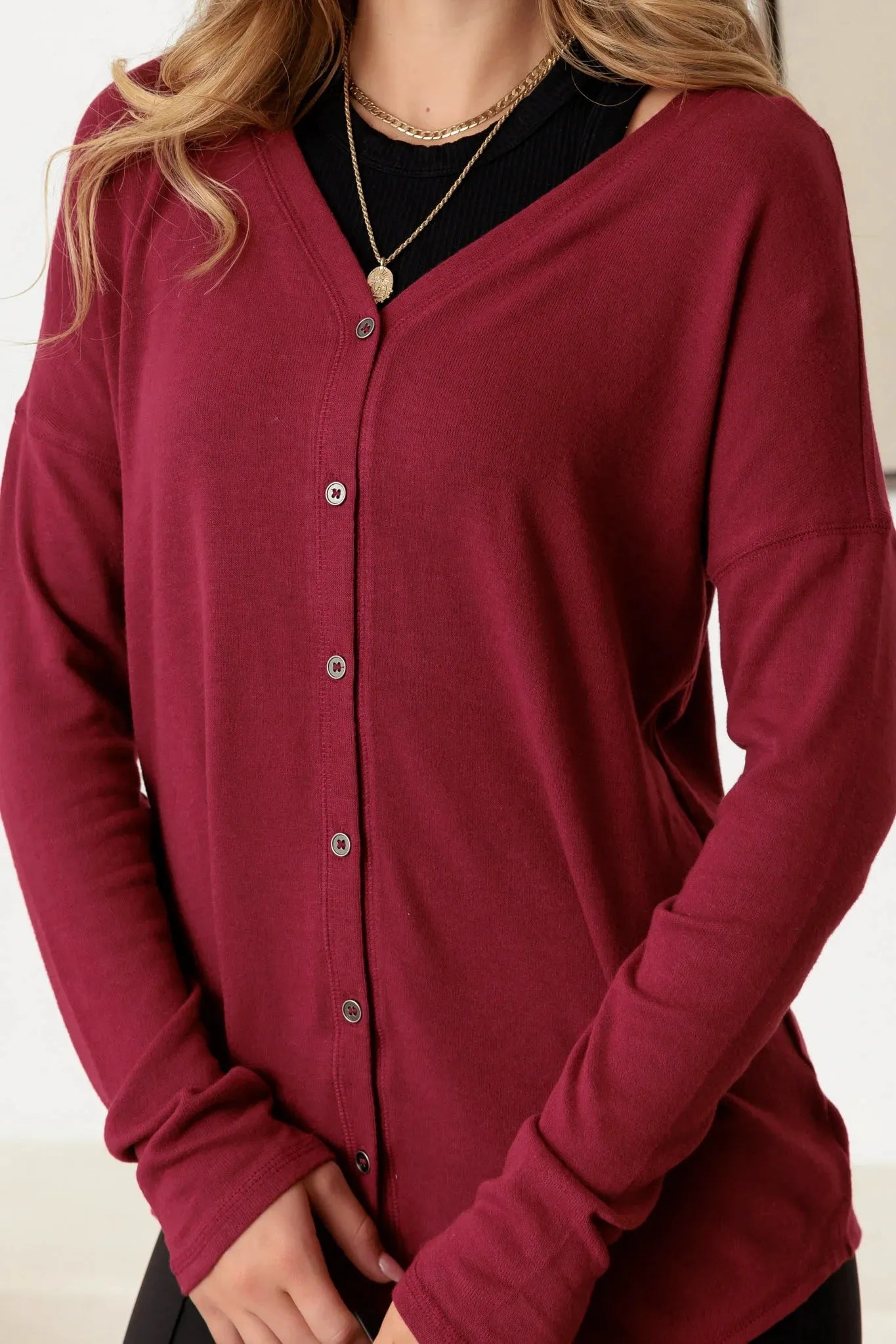 Burgundy V-Neck Long Sleeve Cardigan - Tasha Apparel Wholesale
