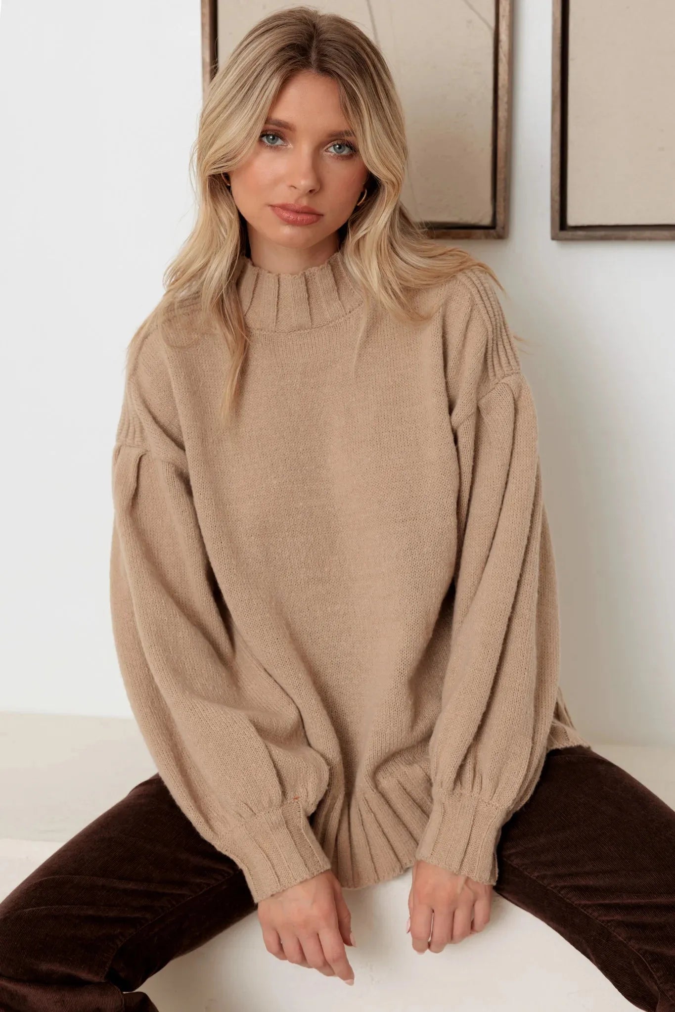 Knit Crew Neck Long Puff Sleeve Sweater - Tasha Apparel Wholesale