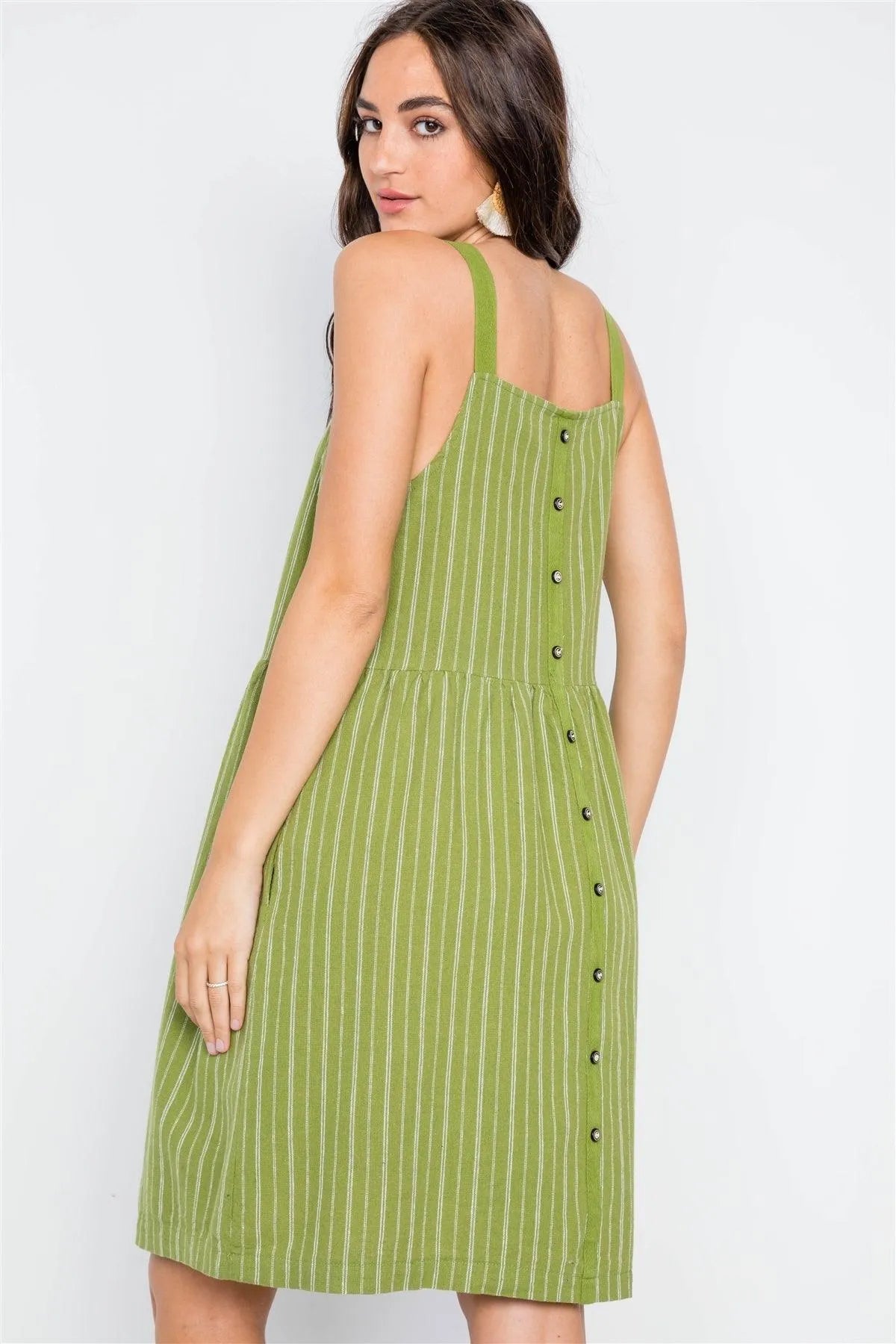 Green Sleeveless White Stripe Button Back Hemp Fern Dress / 1-3-1-1 - Tasha Apparel Wholesale