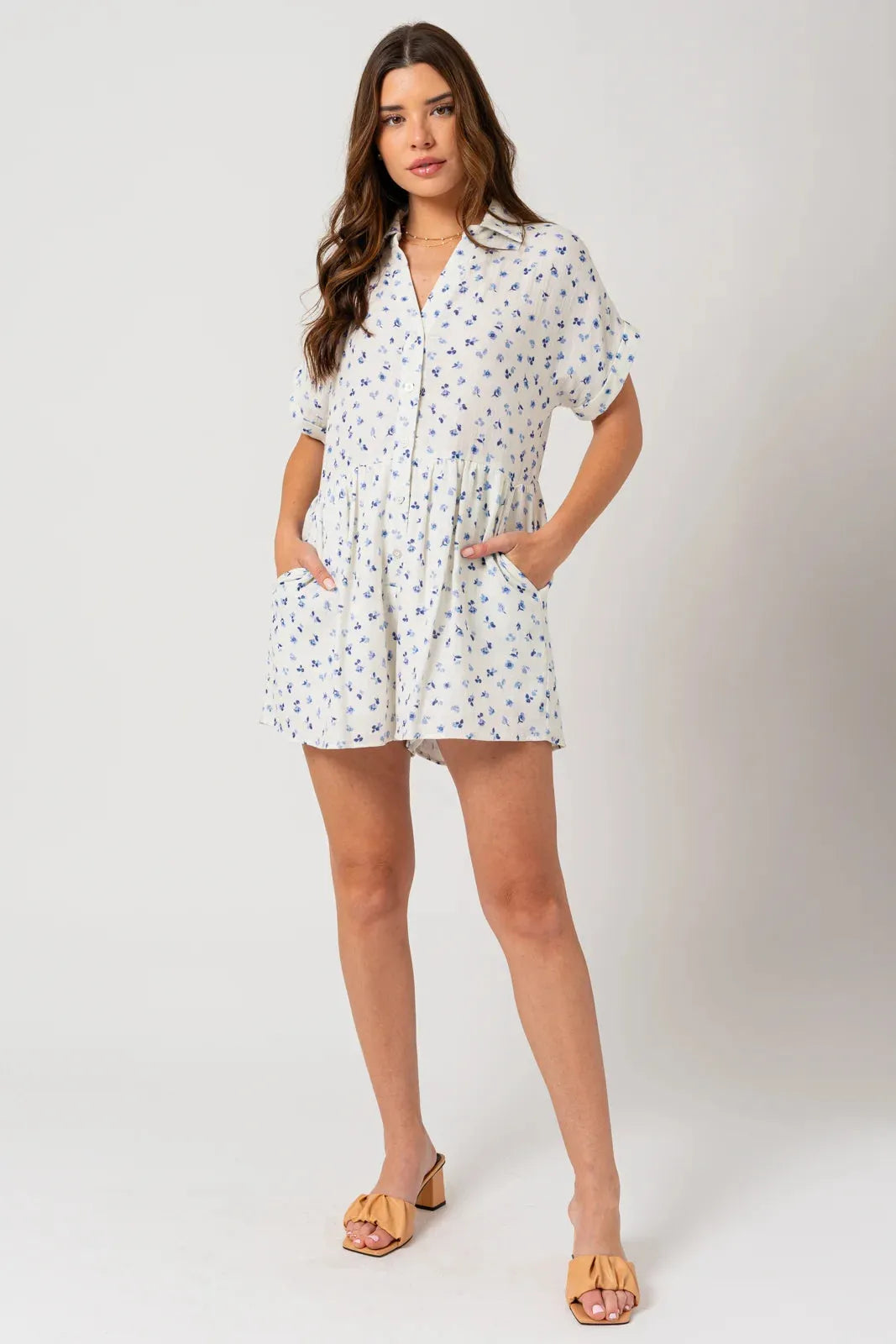 Short Sleeve Collar Button Down Ditsy Print Romper - Tasha Apparel Wholesale