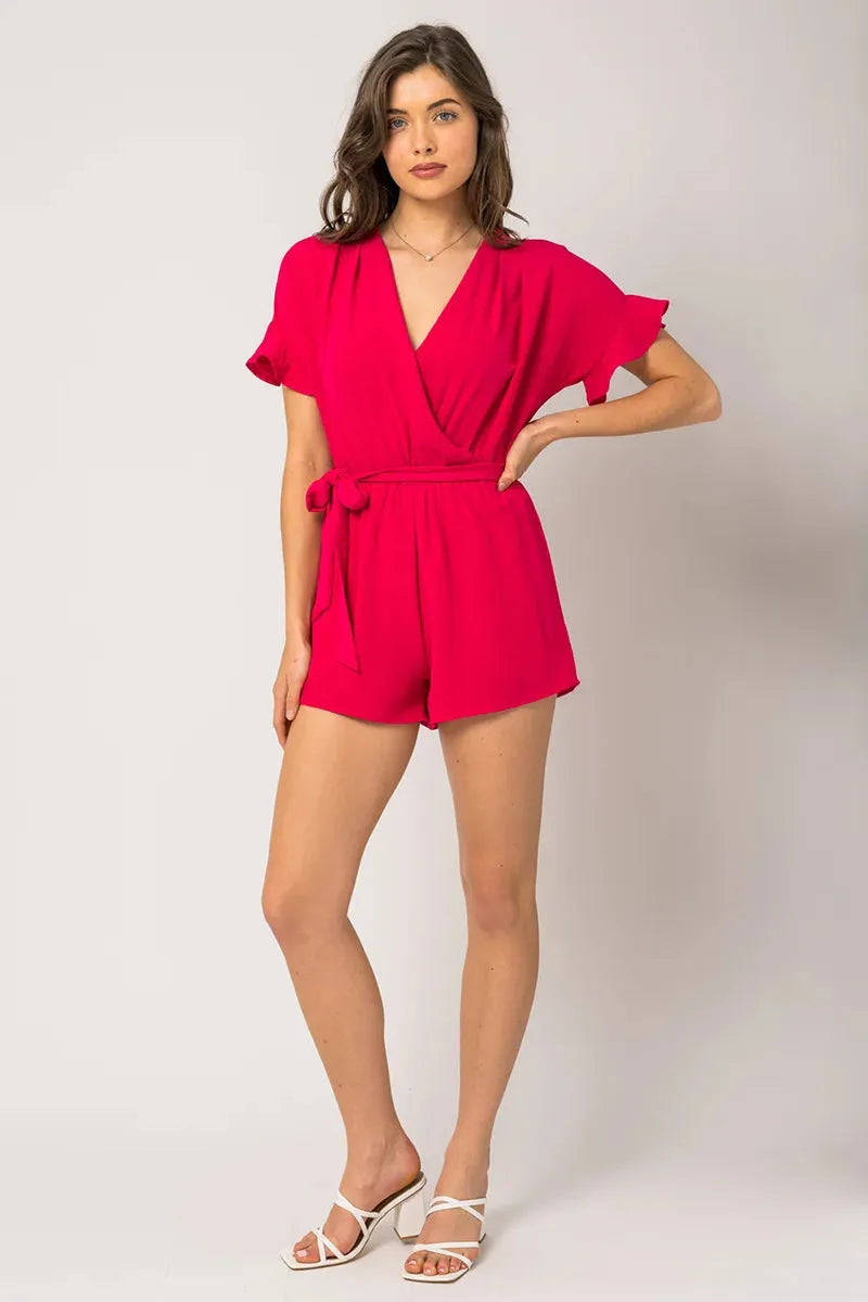Short Ruffle Sleeve Surplice Waist Self Tie Romper - Tasha Apparel Wholesale