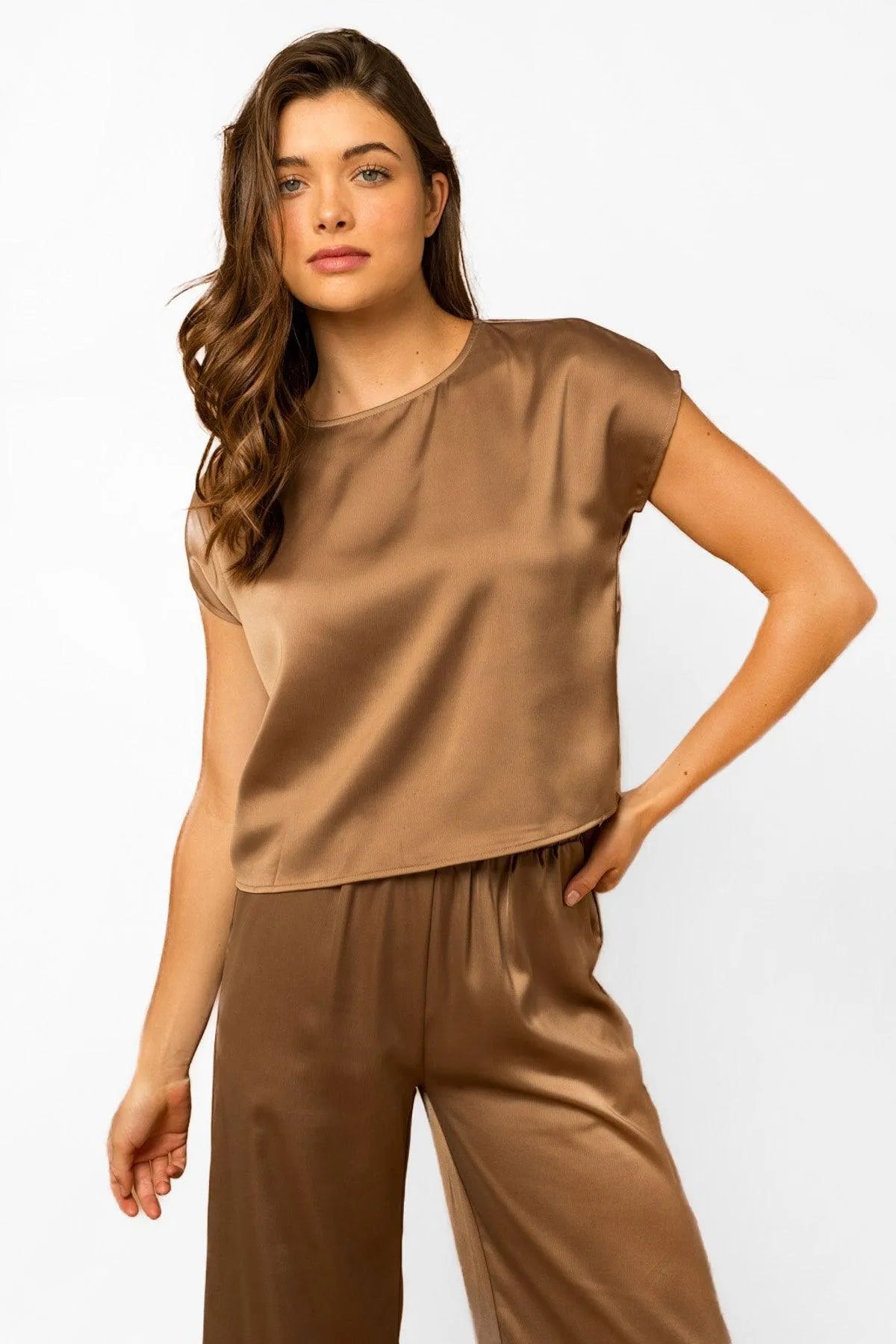 Satin Vibrant Short Sleeve Top with Front Twist