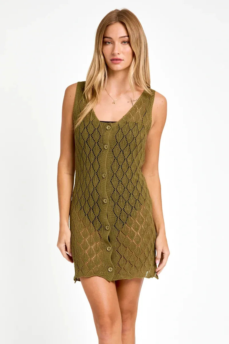Sleeveless V-Neck Crochet Button Up Sweater Dress Sleeveless V-Neck Crochet Button Up Sweater Dress