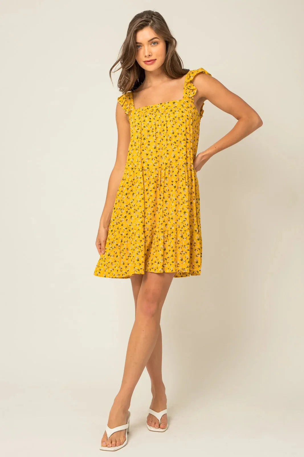 Ruffle Shoulder Square Neck Ditsy Mini Dress - Tasha Apparel Wholesale