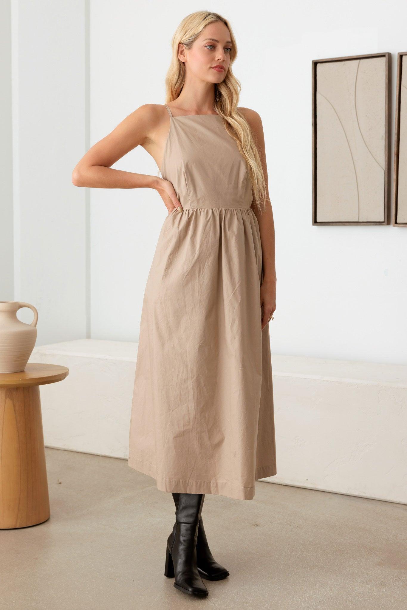 Natural Open Back Tie A-Silhouette Midi Dress - Tasha Apparel Wholesale