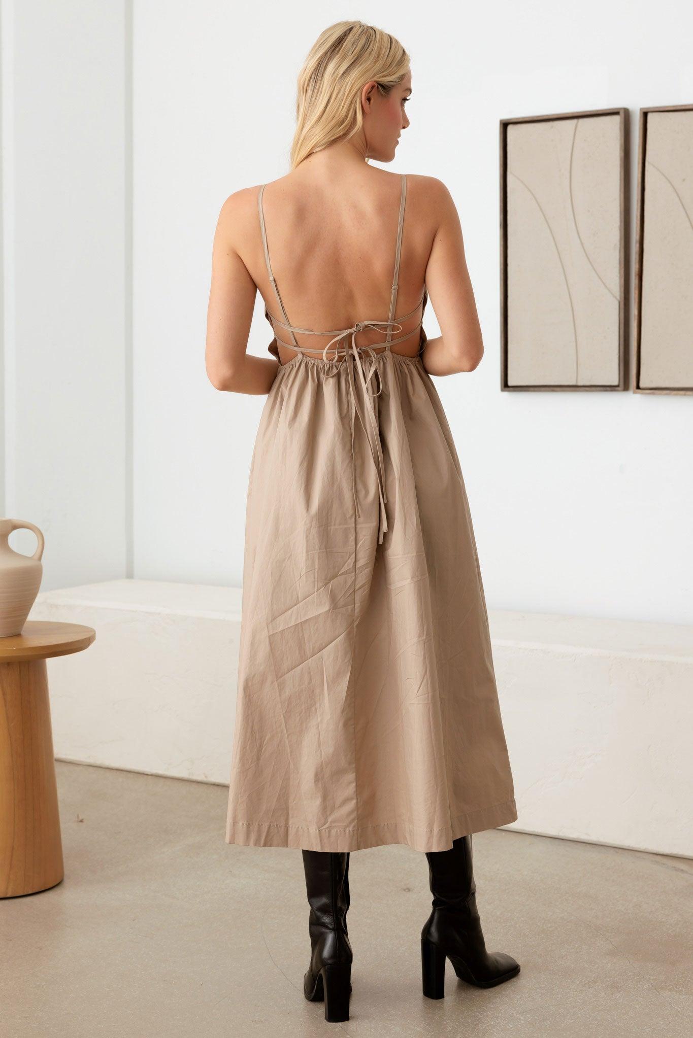 Natural Open Back Tie A-Silhouette Midi Dress