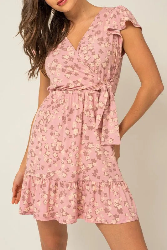 Short Ruffle Sleeve Wrap Shirring Floral Mini Dress - Tasha Apparel Wholesale
