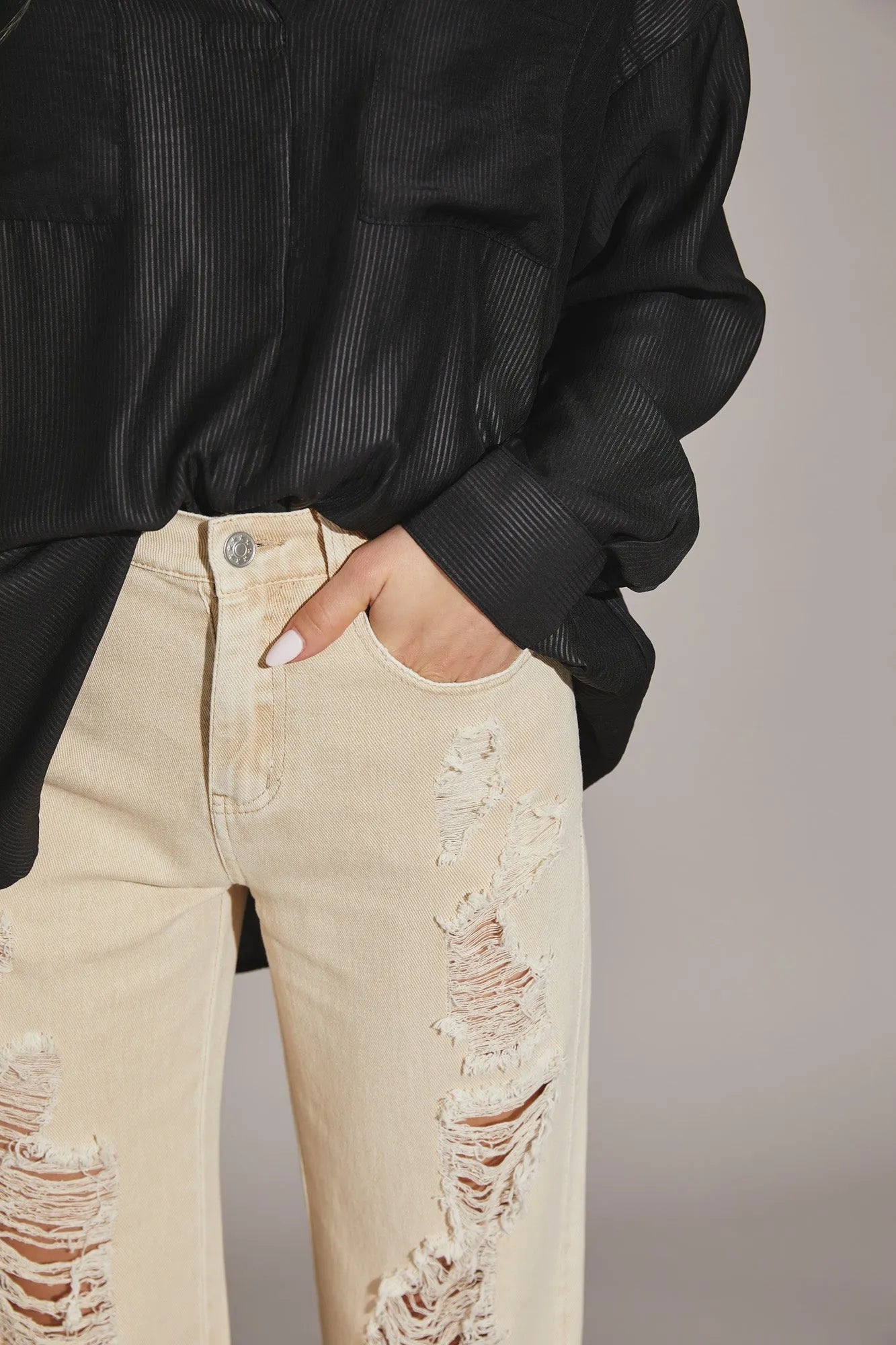 Distressed High Waist Cut Edge Denim Pants - Tasha Apparel Wholesale