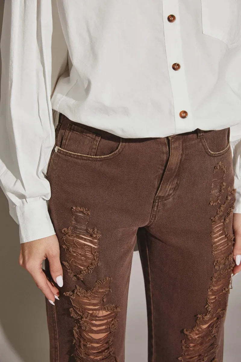 High Waisted Heavily Distressed Wide Leg Denim Jeans - Tasha Apparel Wholesale