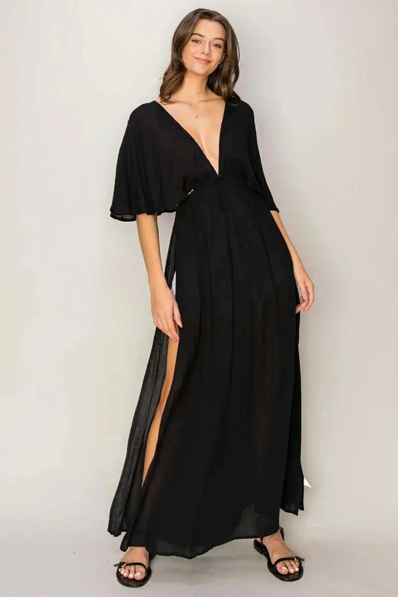 Ethereal Plunging V-Neck Open Back Maxi Cover-Up Kimono Dress Ethereal Plunging V-Neck Open Back Maxi Cover-Up Kimono Dress