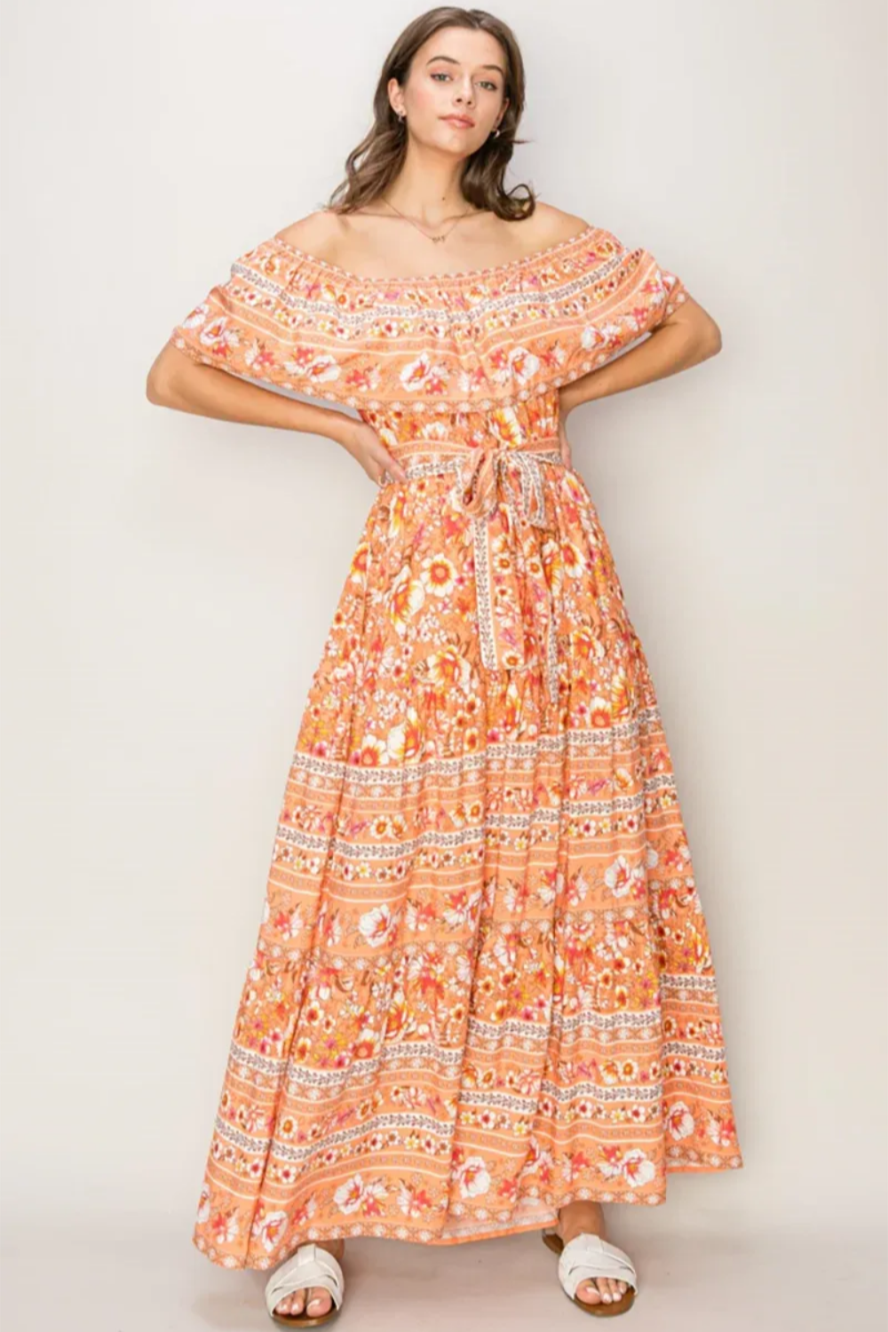 Boho Floral Off-Shoulder Tie Waist Summer Maxi Dress Boho Floral Off-Shoulder Tie Waist Summer Maxi Dress