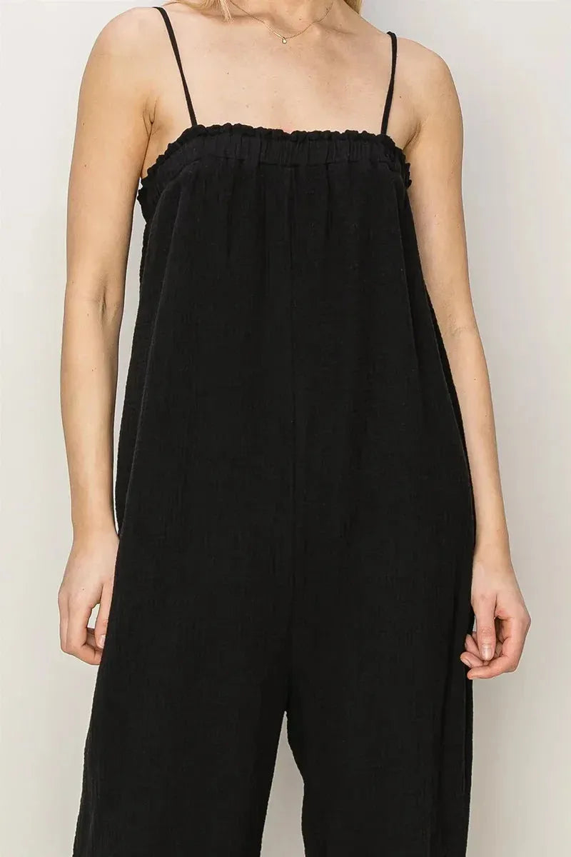 Gauze Relaxed Textured Cotton Ruffle Neckline Wide-Leg Jumpsuit - Tasha Apparel Wholesale