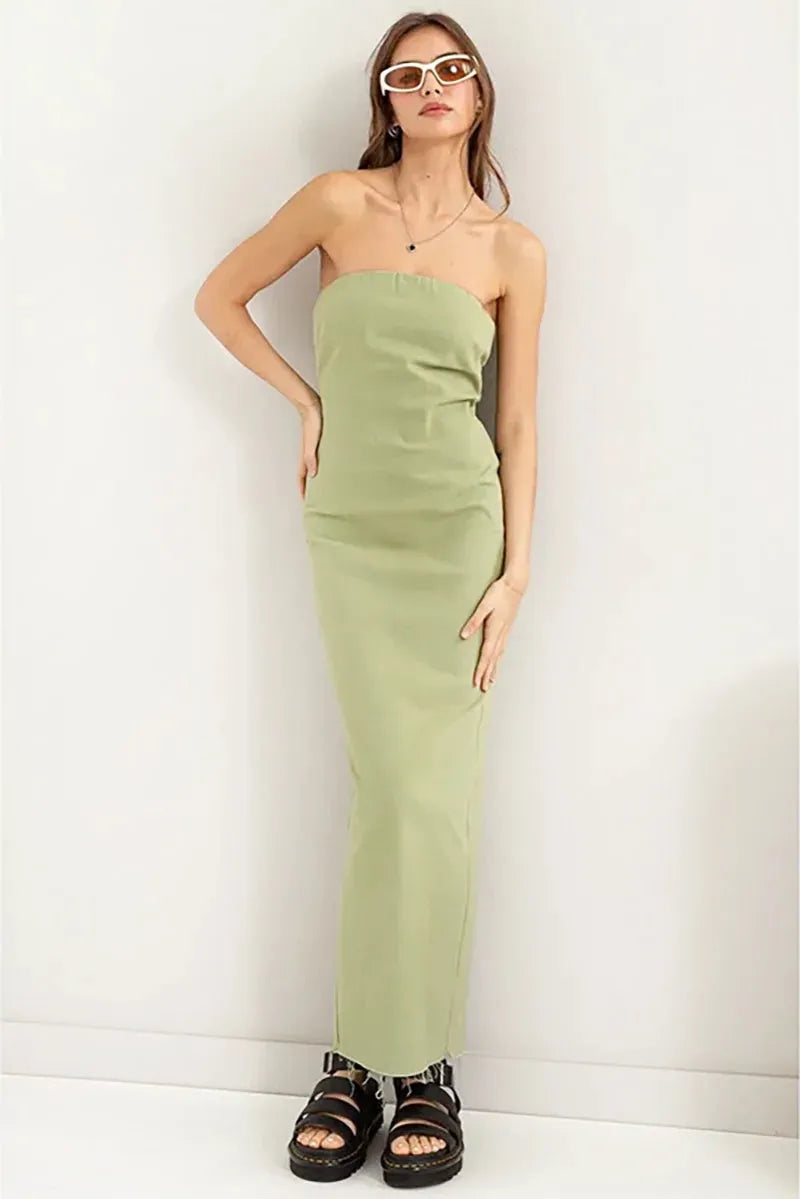 Minimalist Raw Hem Strapless Back Slit Column Tube Maxi Dress Minimalist Raw Hem Strapless Back Slit Column Tube Maxi Dress