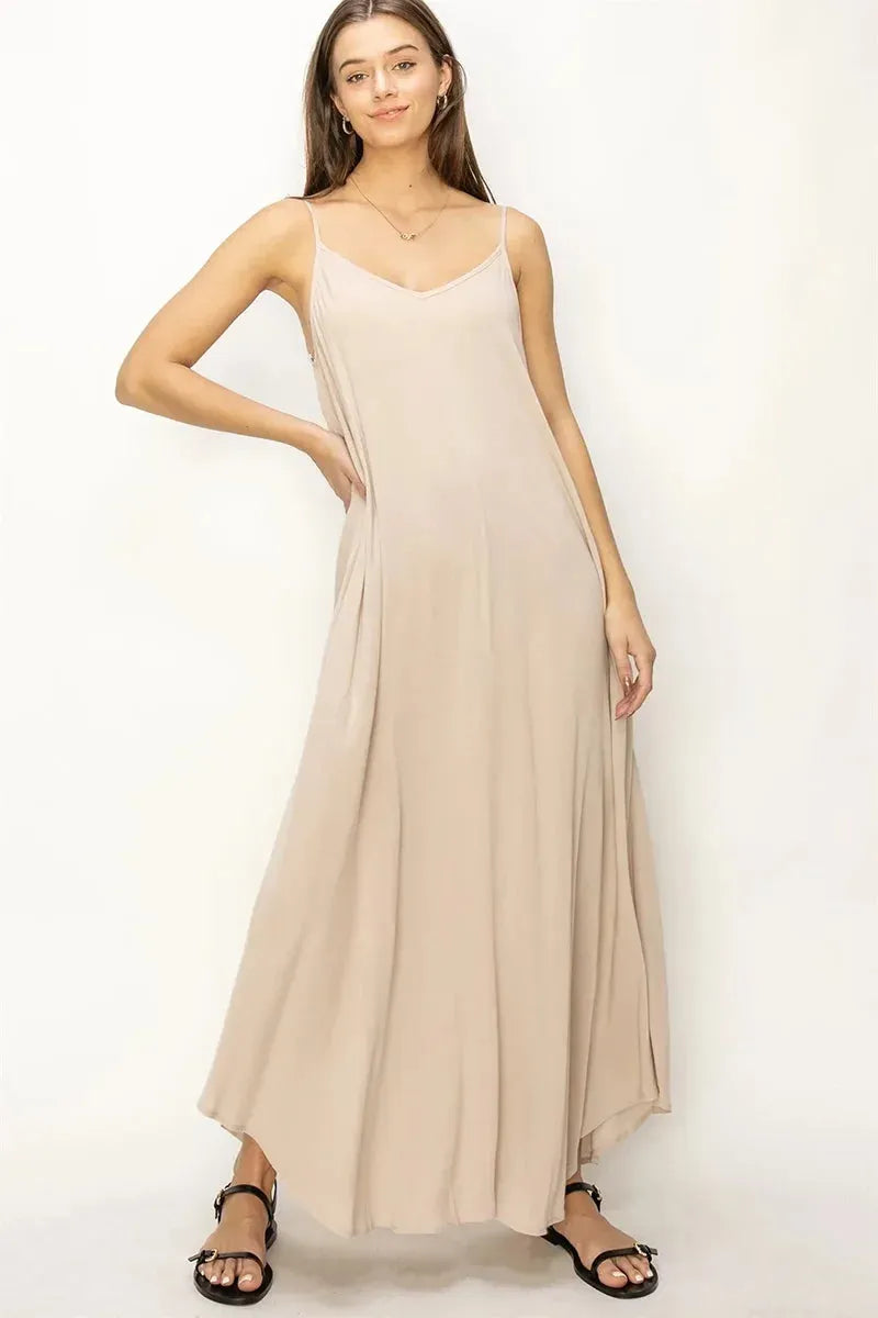 Flowy V-Neck Open Back Spaghetti Strap Side Pocket Maxi Dress - Tasha Apparel Wholesale