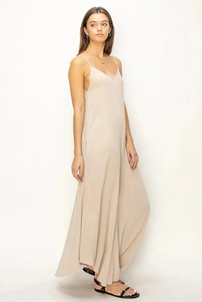 Flowy V-Neck Open Back Spaghetti Strap Side Pocket Maxi Dress Flowy V-Neck Open Back Spaghetti Strap Side Pocket Maxi Dress
