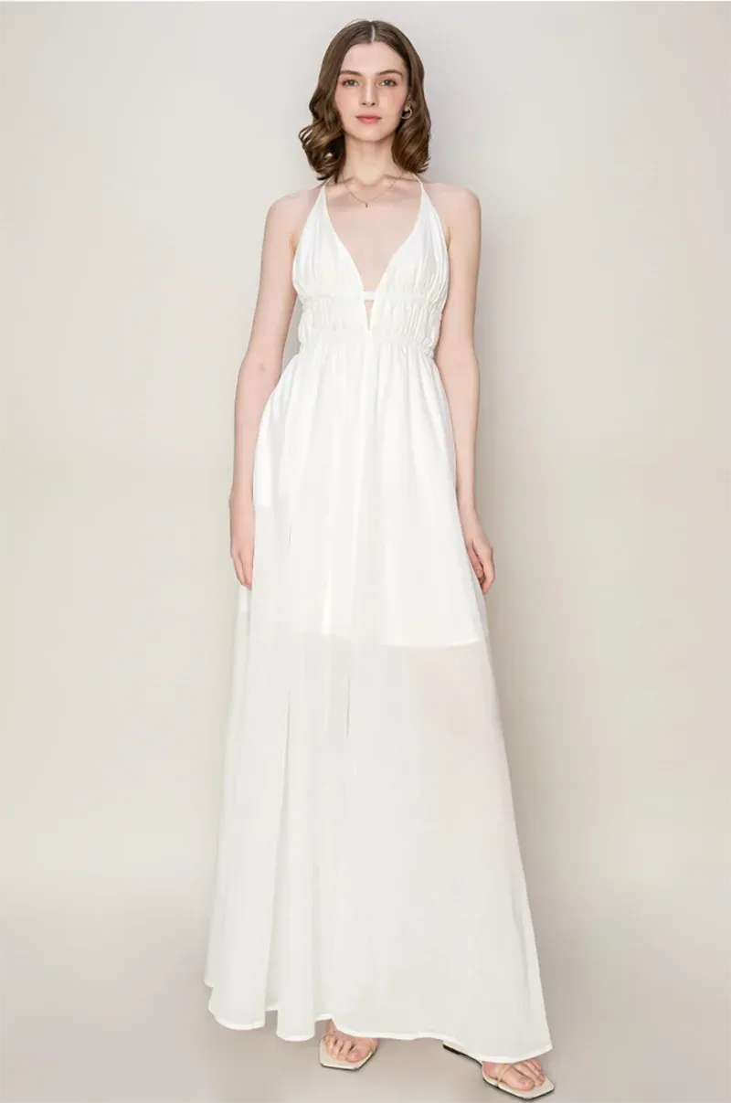 Halter Plunging Neckline Shirred Waist Maxi Dress