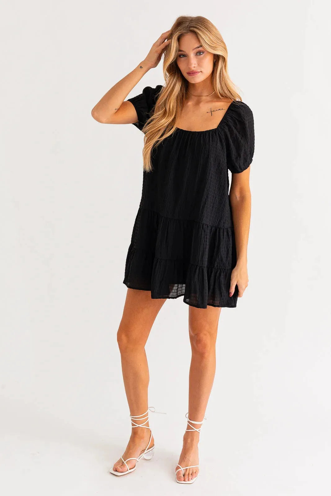 Short Puff Sleeve Tiered Mini Dress - Tasha Apparel Wholesale