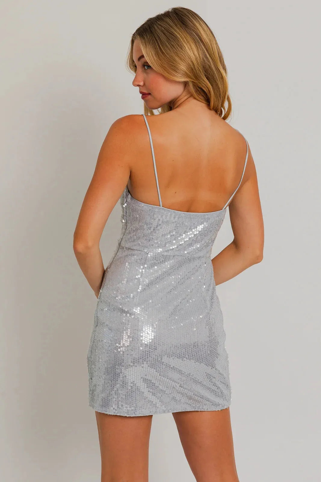Silver Sequin Spaghetti Strap Mini Dress - Tasha Apparel Wholesale