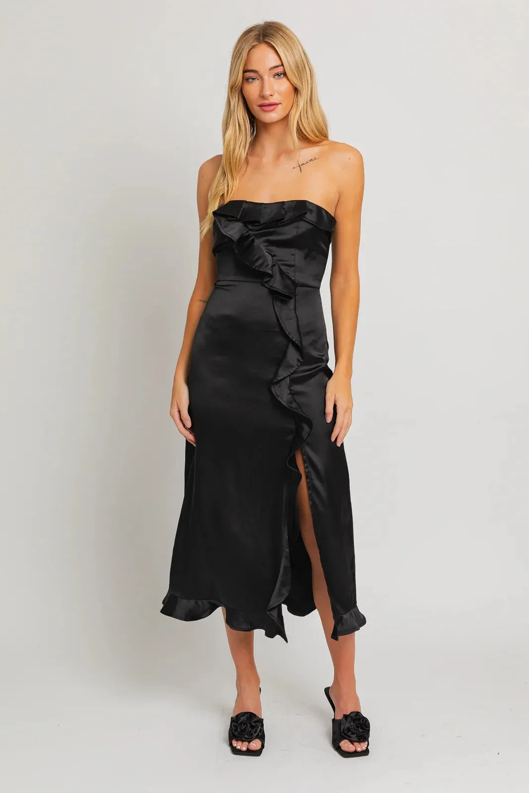 Satin Strapless Ruffle Front Slit Midi Dress Satin Strapless Ruffle Front Slit Midi Dress