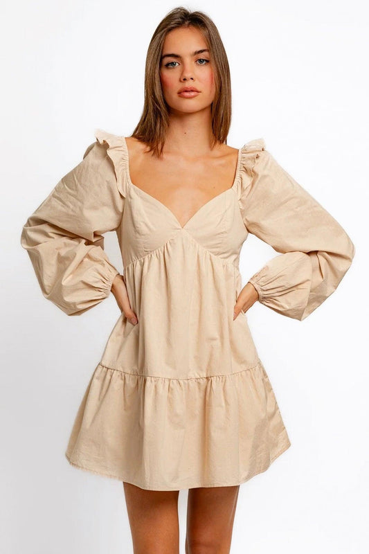 Puff Long Sleeve Ruffle Shoulder Babydoll Mini Dress - Tasha Apparel Wholesale