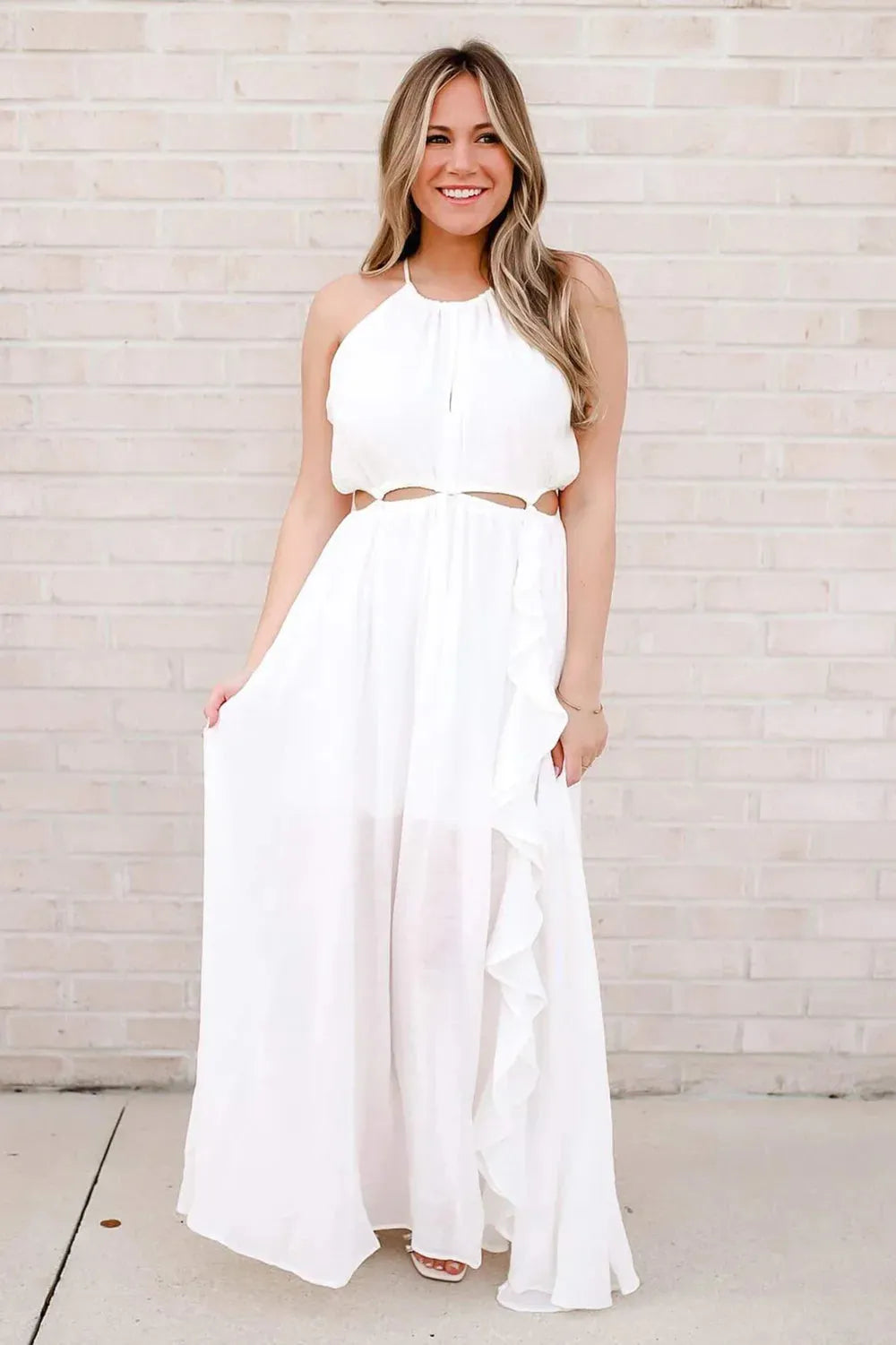 Elegant Sleeveless Halter Neck Cut-Out Ruffle Tiered Maxi Dress Elegant Sleeveless Halter Neck Cut-Out Ruffle Tiered Maxi Dress