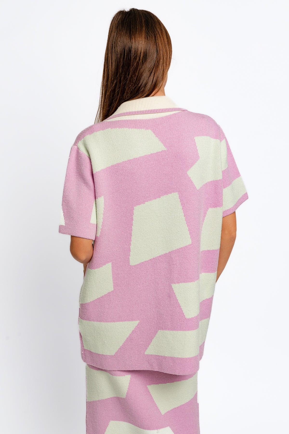 Abstract Printed Short Sleeve Collared Sweater Shirt - Tasha Apparel Wholesale
