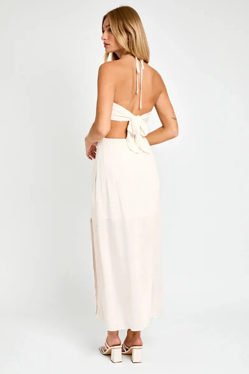 Cut-Out Halter Side Slit Back Tie Maxi Dress - Tasha Apparel Wholesale