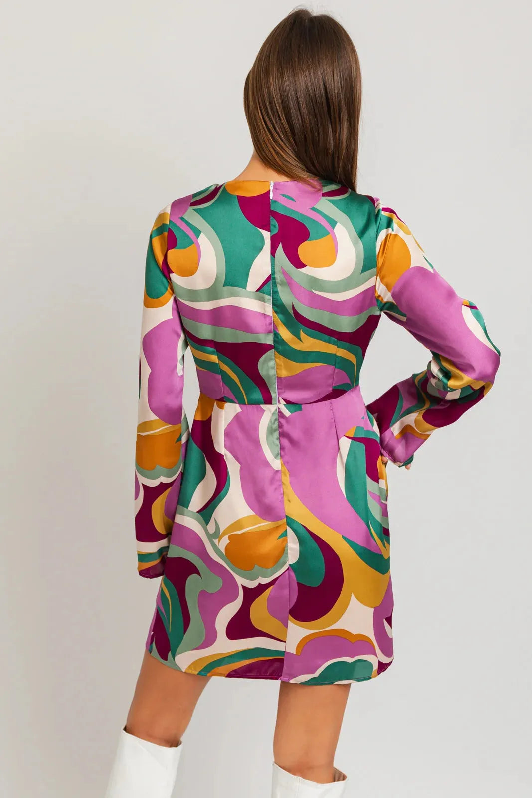 Satin Retro Long WiderSleeve Front Tie Mini Dress - Tasha Apparel Wholesale