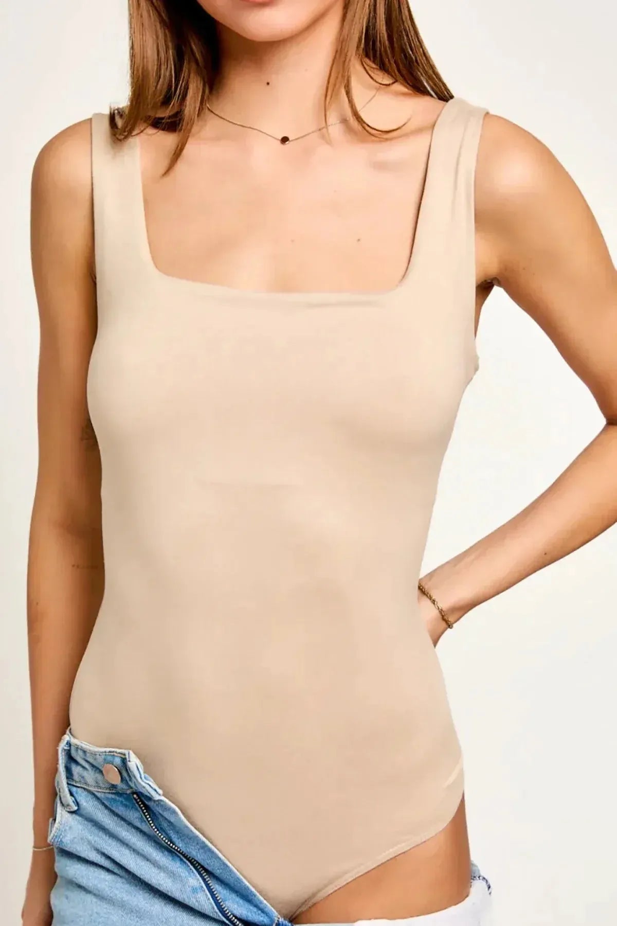 Square Neck Basic Essential Stretchy Bodysuit Tank Top - Tasha Apparel Wholesale