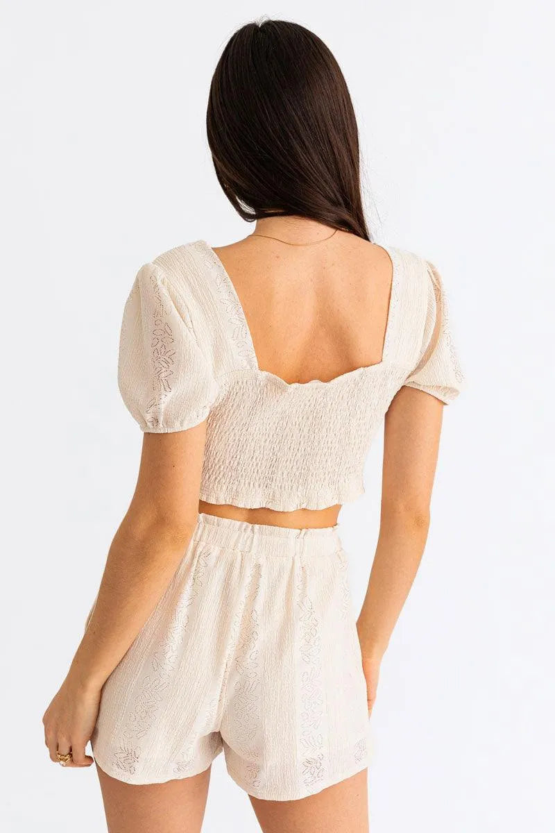 Lace Short Puff Sleeve Smocked Back Crop Top - Tasha Apparel Wholesale