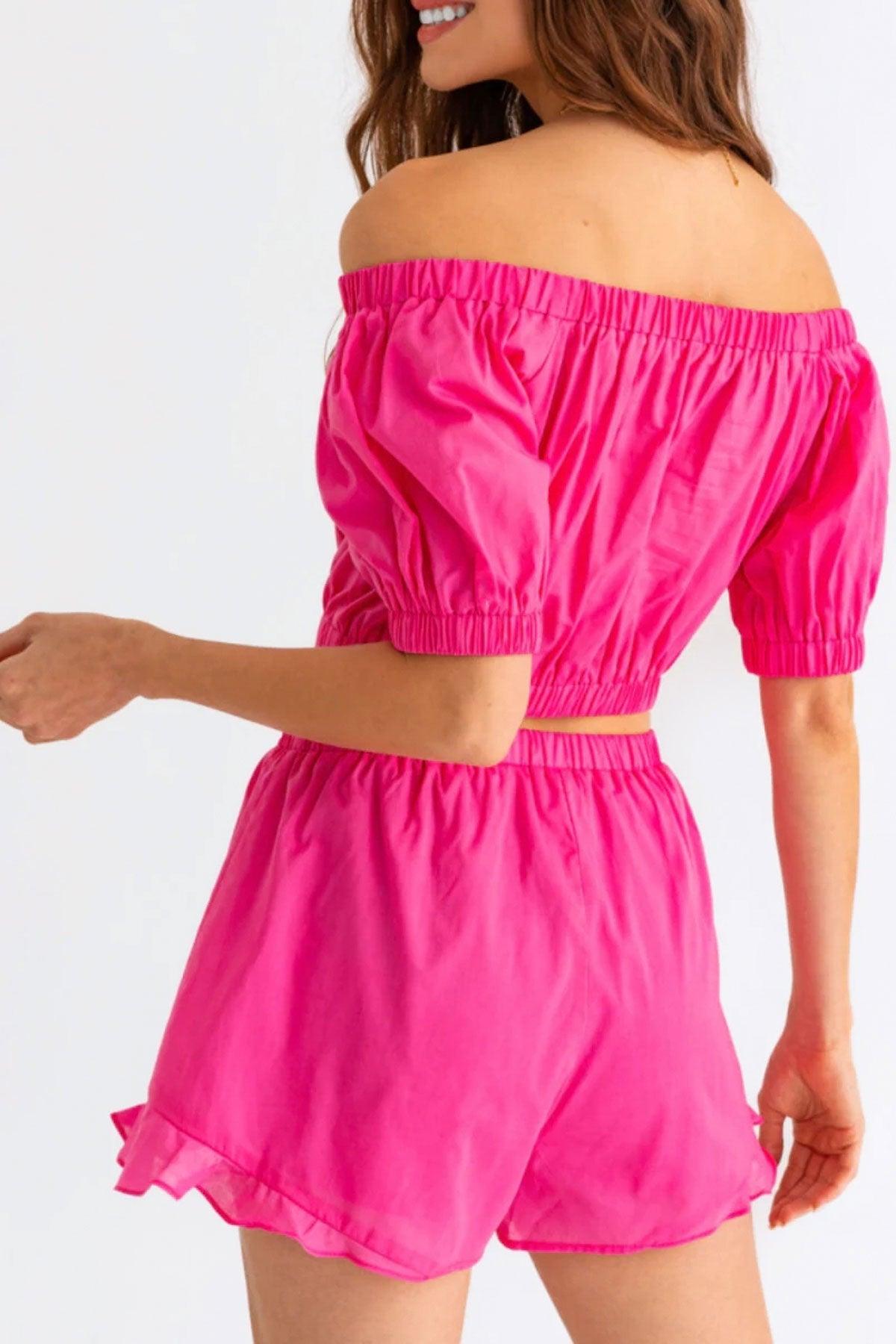 Hot Pink Off Shoulder Crop Top Ruffle Shorts Set - Tasha Apparel Wholesale