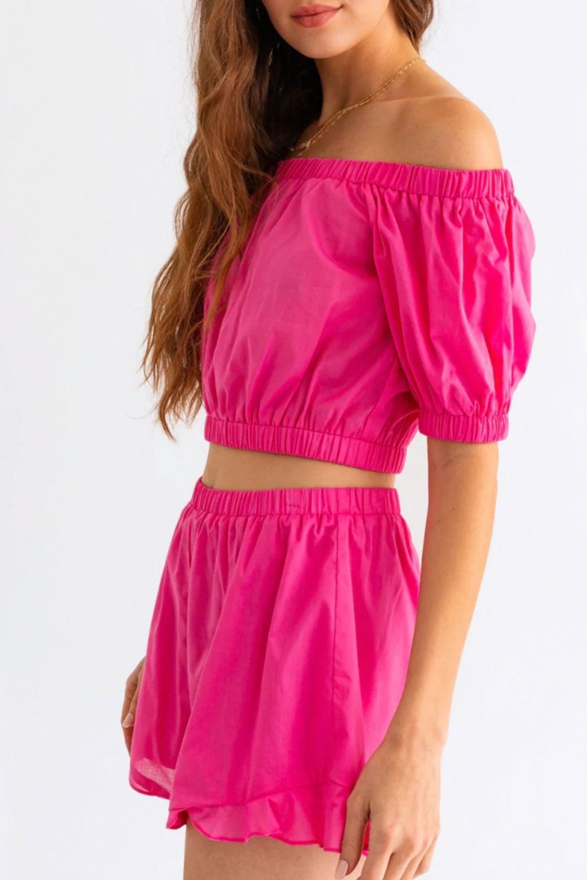 Hot Pink Off Shoulder Crop Top Ruffle Shorts Set - Tasha Apparel Wholesale