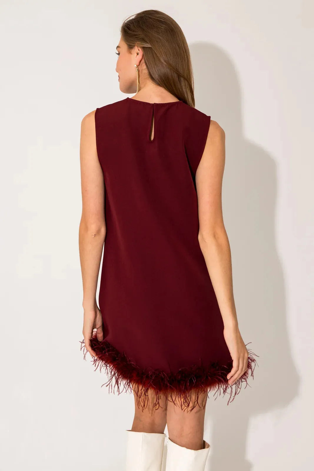 Sleeveless Feather Trim Hemline Holiday Mini Dress - Tasha Apparel Wholesale