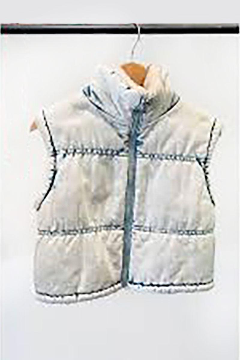 Washed Denim Fleece Cropped Puffer Vest Jacket - Tasha Apparel Wholesale