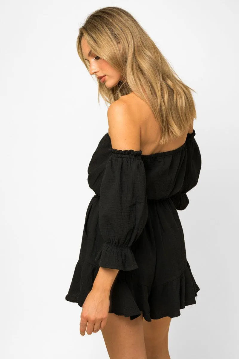 Balloon Sleeve Off Shoulder Flowy Romper - Tasha Apparel Wholesale