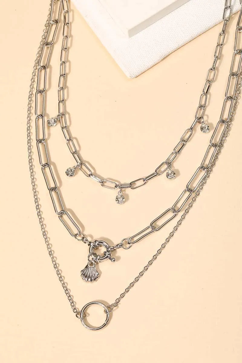 Double Chain Crystal Circle Charm Layered Necklace - Tasha Apparel Wholesale