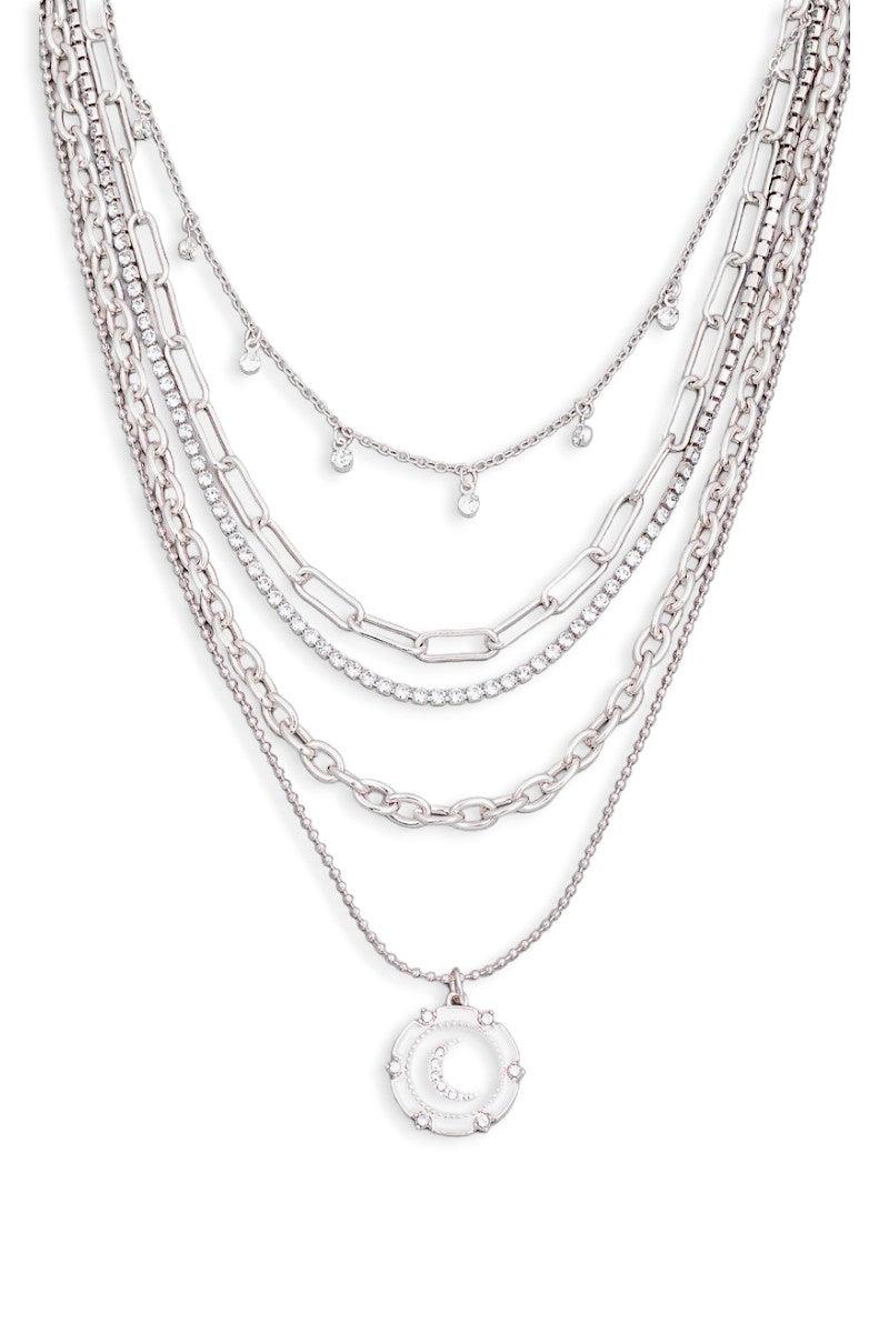 5 Layer Chain Crystal Moon Medallion Necklace - Tasha Apparel Wholesale