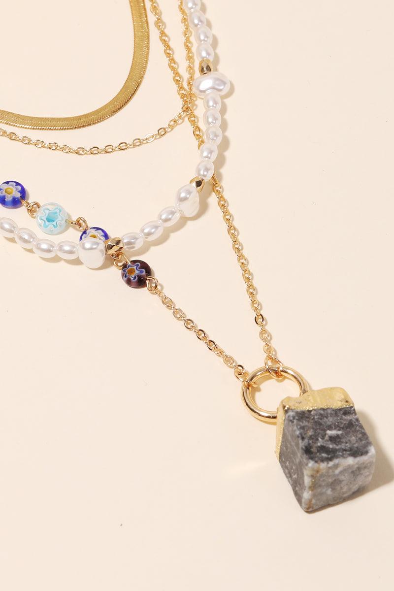Cube Stone Pendant Layered Chain Pearl Necklace - Tasha Apparel Wholesale