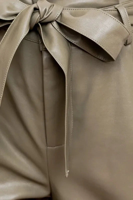 Olive Green High Waist Paperbag Belted Vegan Leather Trousers - Tasha Apparel Wholesale