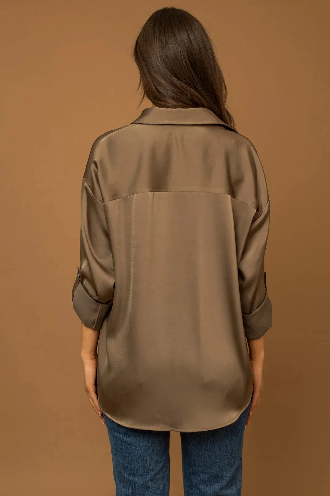 Satin Button Down With A Collar Utility Shirt - Tasha Apparel Wholesale