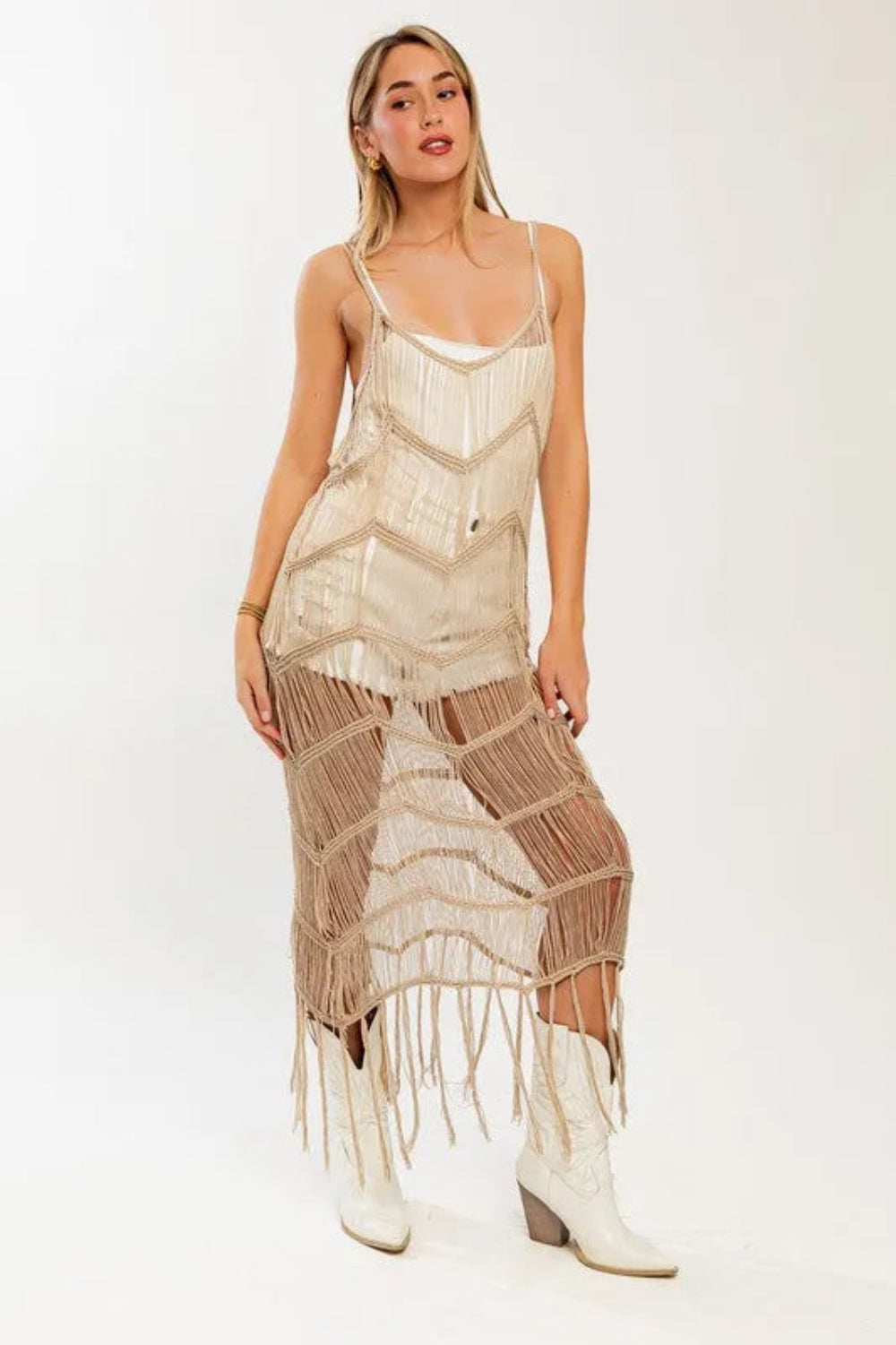 Boho Fringe Chevron Pattern Western Maxi Dress Beach Cover Up Caftan | Festival Style Swimsuit Cover | Boutique Wholesale Fashion Oatmeal / XS-S-M-L/1 Boho Fringe Chevron Pattern Western Maxi Dress Beach Cover Up Caftan | Festival Style Swimsuit Cover | Boutique Wholesale Fashion Oatmeal / XS-S-M-L/1