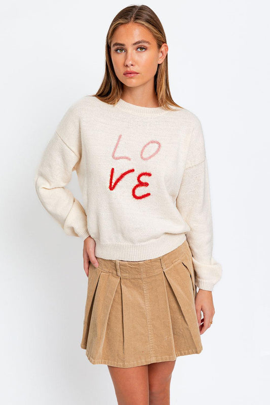 Round Neck Recycled Poly Mix "LOVE" Knit Sweater - Tasha Apparel Wholesale