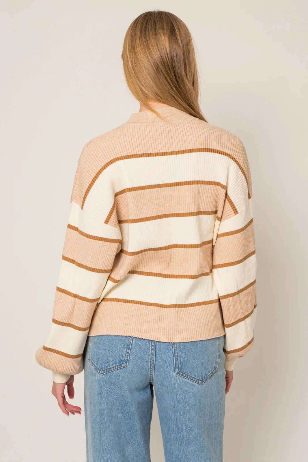 Stripe Mock Neck Long Wide Sleeve Sweater - Tasha Apparel Wholesale