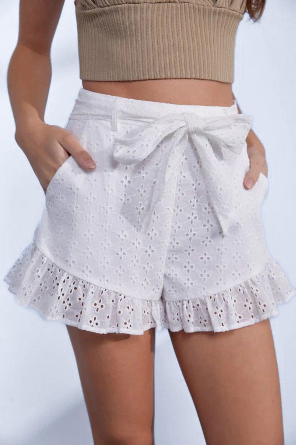 High Waist Eyelet Floral Lace Belted Shorts