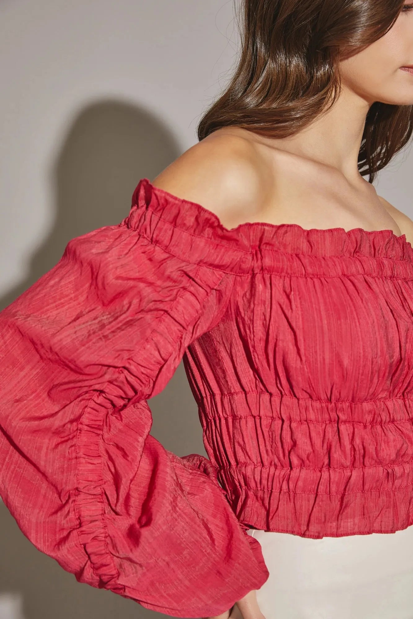 Off The Shoulder Shirring Crop Blouse - Tasha Apparel Wholesale