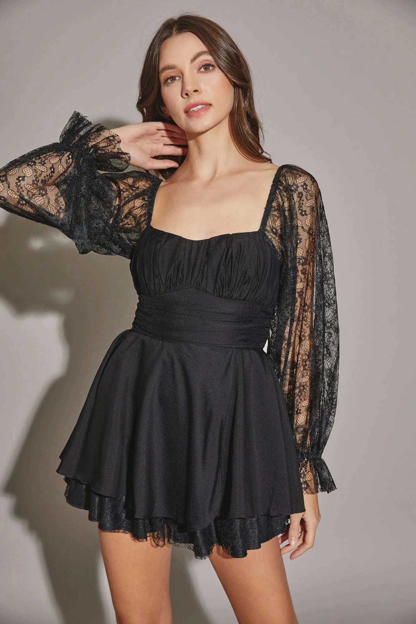 Lace Long Sleeve Flare Layered Silhouette Mini Dress Lace Long Sleeve Flare Layered Silhouette Mini Dress