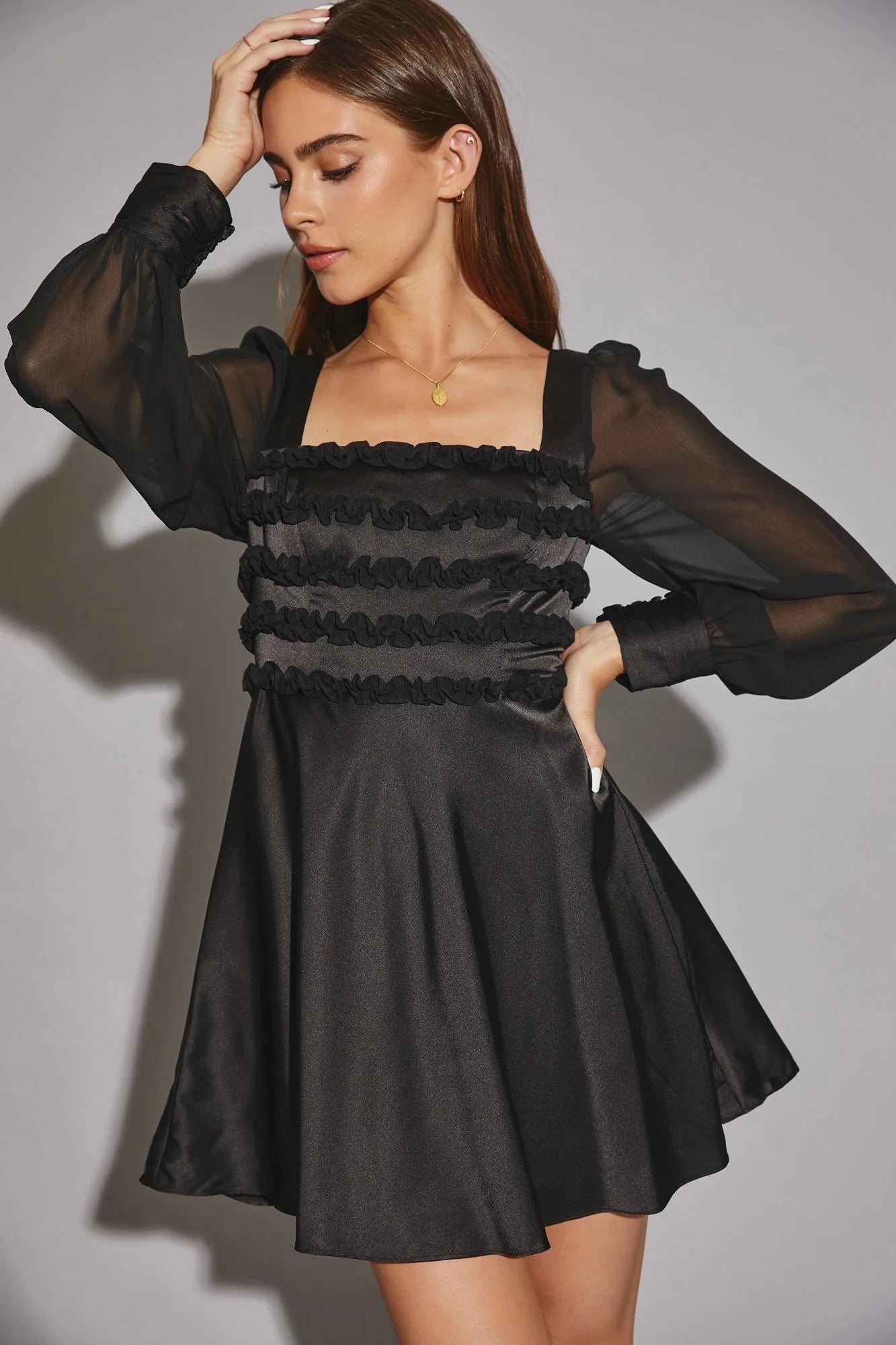Satin Long Chiffon sleeve Ruffle Mini Dress Satin Long Chiffon sleeve Ruffle Mini Dress